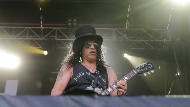 MELBOURNE, AUSTRALIA - FEBRUARY 21: Guitarist Slash performs on stage at the Soundwave hard rock and heavy metal music festival at the Melbourne Showgrounds on 21st February 2015, in Melbourne, Australia. (Photo by Paul Rovere/Fairfax Media)