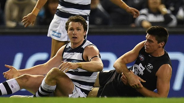 Patrick Dangerfield was suspended for one match for this tackle on Matthew Kreuzer.