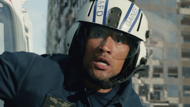 Dwayne Johnson as Ray in a scene from action thriller <i>San Andreas</i> (2015).