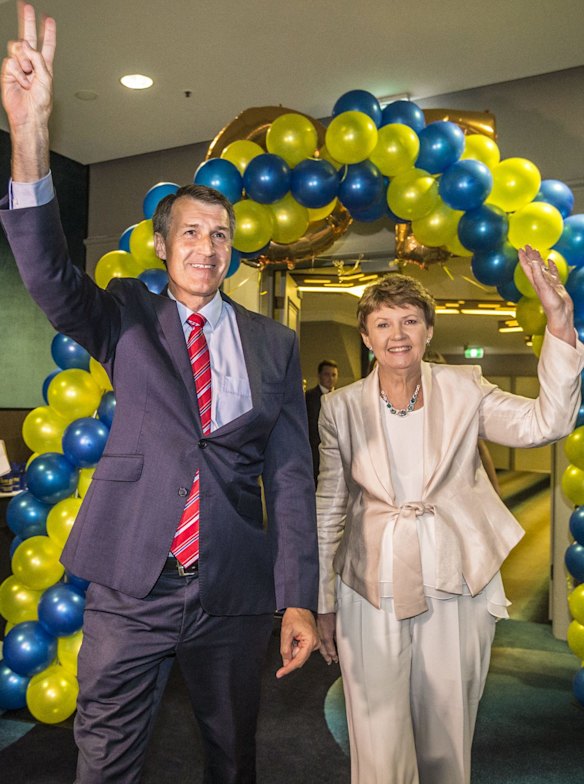 Lord Mayor Graham Quirk, pictured with his wife, Anne, led the LNP to a record Brisbane City Council victory on Saturday.
