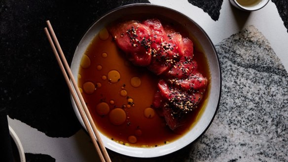 Vegan watermelon sashimi with yuzu-infused extra virgin olive oil, shiso and sesame. 