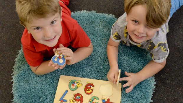 Early count: Ned Pattison and Steele Bajada brush up their maths skills at Gowrie Street kindergarten.