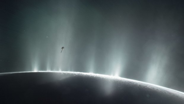 This illustration shows Cassini diving through the Enceladus plume in 2015. New ocean world discoveries from Cassini and Hubble will help inform future exploration and the broader search for life beyond Earth.