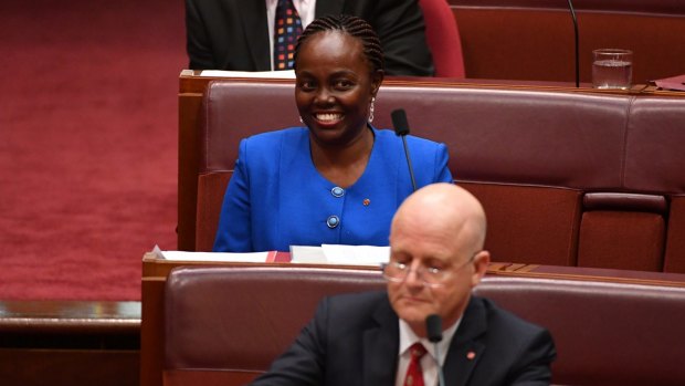 South Australian Senator Lucy Gichuhi takes her seat in the Seante on Tuesday.