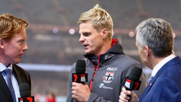 Nick Riewoldt is interviewed prior to the Friday's match after pulling out due to soreness.