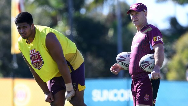 Muscling up: Payne Haas, then 17, looks on during an opposed training session with the Queensland Origin team where he acted as a 'clone' for Andrew Fifita.