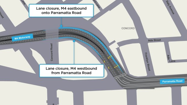 Lane closures on the the M4 exit ramp onto Parramatta Road.