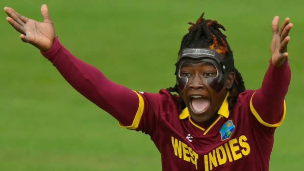 A masked Deandra Dottin of the West Indies appeals for a wicket during the ICC Women's World Cup 2017 match between Australia and West Indies.