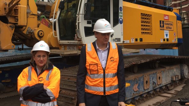 Public Transport Minister Jacinta Allan at the Franklin Street site of the Metro rail project's proposed CBD North station with Melbourne Metro Rail Authority chief Evan Tattersall. 