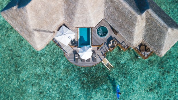 Out of the blue: An overwater bungalow at Huvafen Fushi, Maldives.