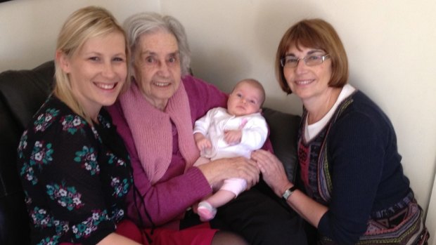 Dr Lauren Binge, pictured with her  grandmother, her mother and daughter. Her grandmother's experience of breast cancer inspired the young researcher to undertake a PhD into the disease.