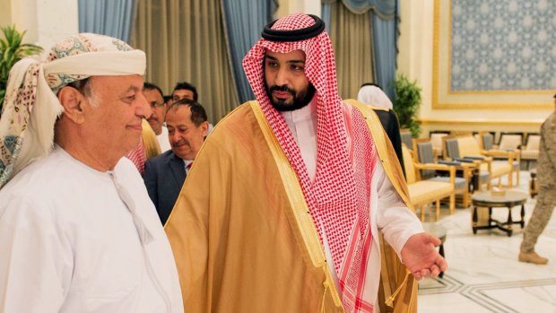 Yemeni President Abed Rabbu Mansour Hadi, left, with Saudi Defence Minister Prince Mohammed bin Salman in Riyadh, Saudi Arabia, on Thursday.