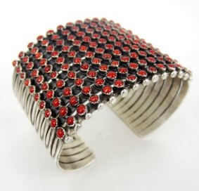 Mediterranean coral Zuni ten row cuff from Four Winds Gallery.