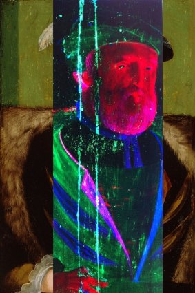 Henry VIII circa 1540 Anglo-Flemish Workshop,  England; image shown with insert of false colour,   synchrotron-sourced X-ray fluorescence data map.