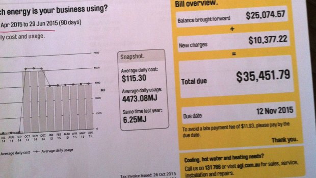 A gas bill from AGL received by Michael Heaney and Barbara Richards showing the massive increase.