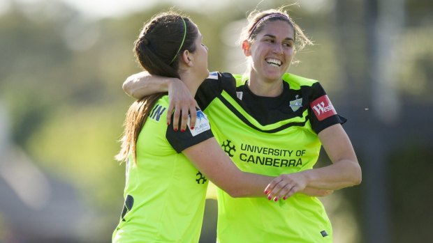 Canberra United striker  Caitlin Munoz celebrates her goal.