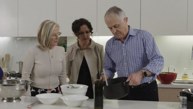 Malcolm and Lucy Turnbull host the ABC's Annabel Crabb, centre, on <i>Kitchen Cabinet</i>.
