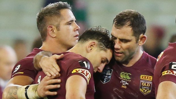 Cameron Smith consoles Billy Slater after the Maroons' defeat in Origin II. 