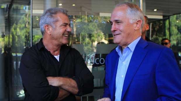 Mel Gibson attends the opening of the new NIDA Graduate School with Australian PM Malcom Turnbull.