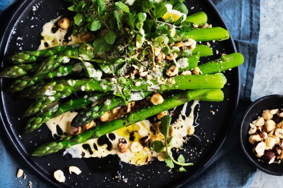 Neil Perry's asparagus and hazelnut salad with creamy anchovy, chili and lemon.