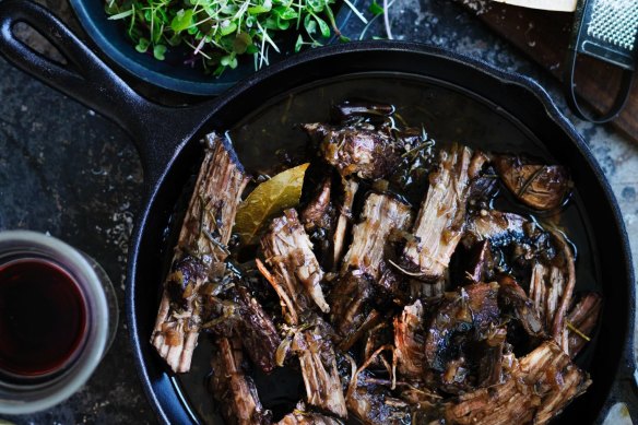 Neil Perry's slow-cooked beef brisket with mushrooms.