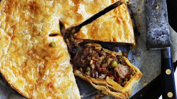 White wine and tomatoes make this Easter lamb and pea pie so tasty.