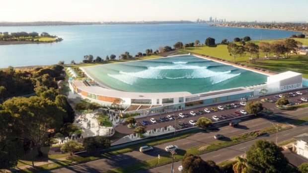 Artist's impression of the surf park on the Swan River in Alfred Cove.