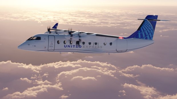 A mock-up of a United Airlines Heart Aerospace 19-seater electric plane.