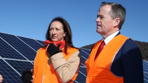 Opposition Leader Bill Shorten with Canberra MP Gai Brodtmann at a solar farm near Canberra last year.