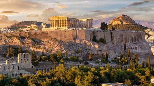 The Acropolis of Athens, Greece, with the Parthenon Temple on top of the hill. 