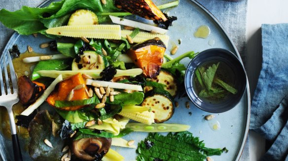 Andrew McConnell's vegetable salad with shiitake, shiso leaves (pictured bottom right) and shaved kombu.