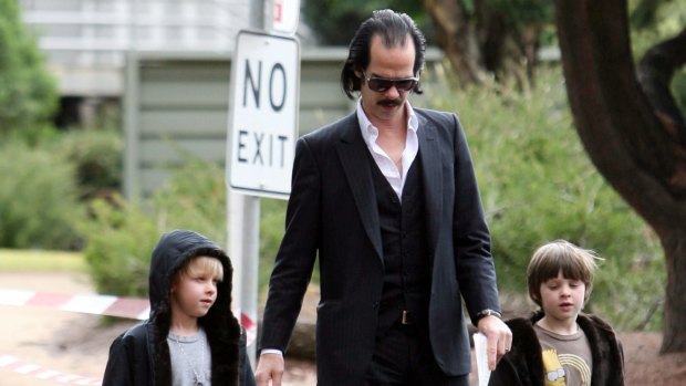 Nick Cave with twin sons Earl (left) and Arthur (right), when they were seven years old.