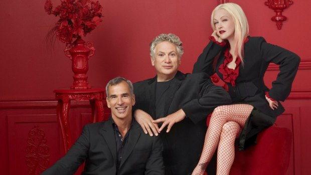 Cyndi Lauper with <i>Kinky Boots</i> choreographer Jerry Mitchell (left) and writer Harvey Fierstein.