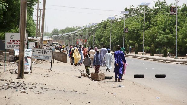 People flee Boko Haram in Maiduguri, Nigeria.