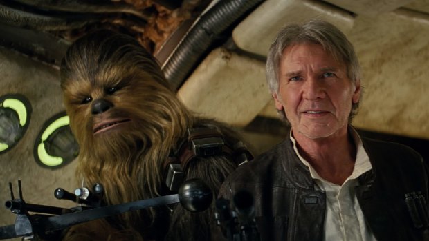 Both Chewbacca (Peter Mayhew) and Han Solo (Harrison Ford) are back in The Force Awakens.