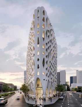 The striking wedge-shaped eco hotel Populus is located on the site of Colorado's first gas station.