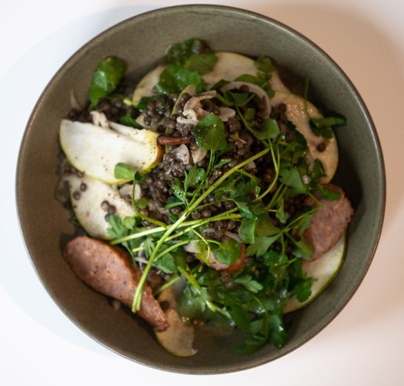 Italian sausage, pear, lentil and watercress salad.