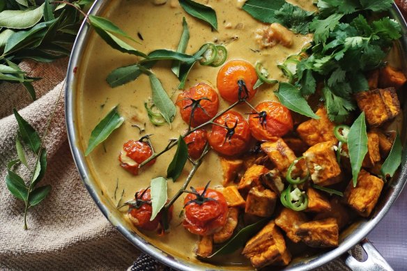 Turmeric roasted sweet potato, tomato and tamarind curry recipe. Four vegetarian and vegan curries for Good Food July 2018. Please credit Katrina Meynink.