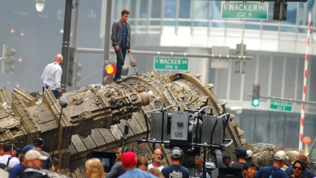 Shia LeBeouf during filming of a <i>Transformers 3</i> scene in downtown Chicago.