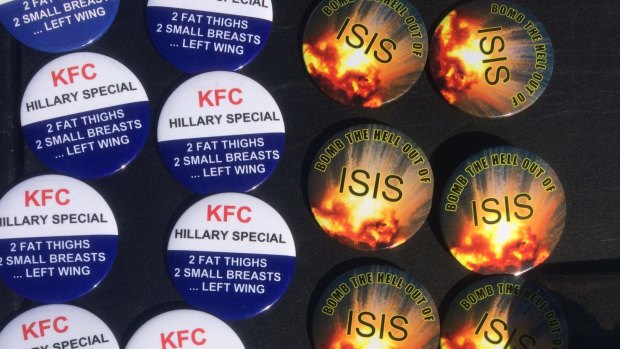 Badges for sale outside the Donald Trump rally in North Carolina.