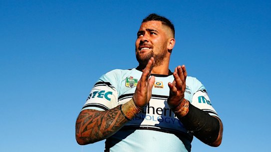 Apology: Andrew Fifita has written the initials of a killer on his strapping numerous times this season.