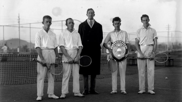Early Canberra tennis champions at the Manuka Tennis Courts with Sir Robert Garran (in the suit). From the National Archives' Mildenhall Collection.