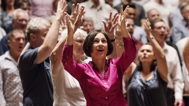 The Sydney Philharmonia Choir in rehearsal with the Auslan signing choir for a performance of Handel's Messiah at The Sydney Opera House.