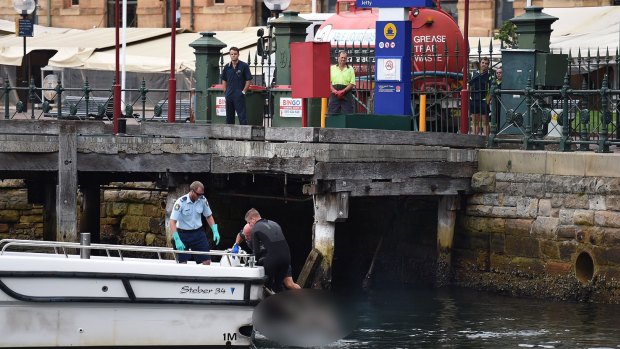 NSW Water Police pull a body from the water at Campbell's Cove Jetty.