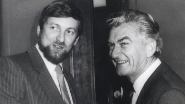 Gareth Evans and new prime minister Bob Hawke celebrating the High Court's Tasmanian dam case decision in 1983.