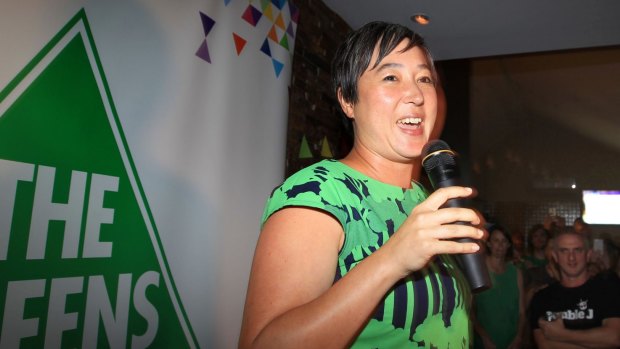 Newtown MP Jenny Leong celebrates her win at the 2015 NSW election.