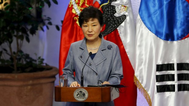South Korea's President Park Geun-hye delivers a speech during a signing ceremony in Chile.