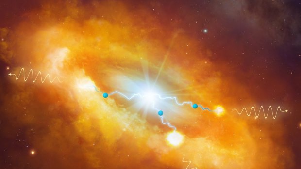 An artist's impression of our Milky Way's central region. Cosmic rays
(blue dots) stream from the central black-hole region. They then create a gamma-ray signal (yellow wavy lines) that scientists observe
via their interactions with surrounding gas clouds.