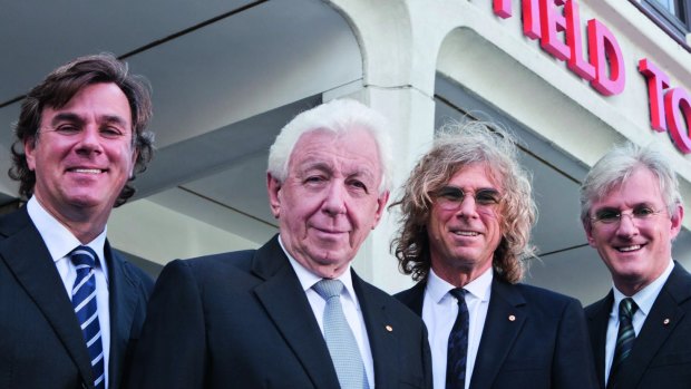 The Lowy men – from left, Peter, Frank, David and Steven – in 2011 outside Westfield's former Sydney HQ.
