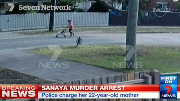 CCTV footage of Sofina Nikat pushing daughter Sanaya Sahib in a stroller.